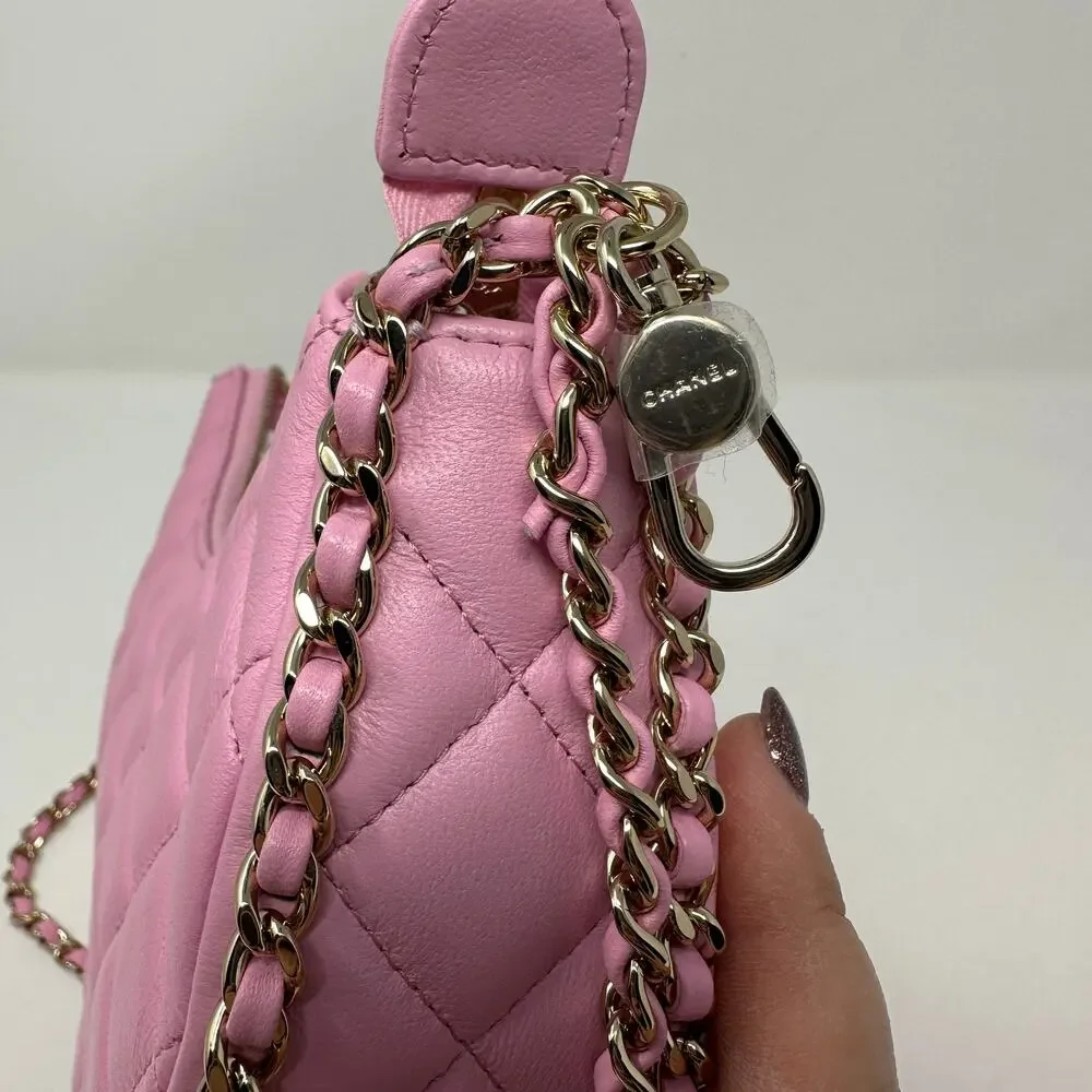 Chanel Clutch with Chain Lambskin Shiny Light Gold Metal Pink Women's One Size
